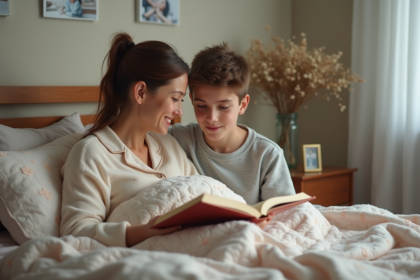 Femme en pyjama souriante lisant à son fils dans le lit