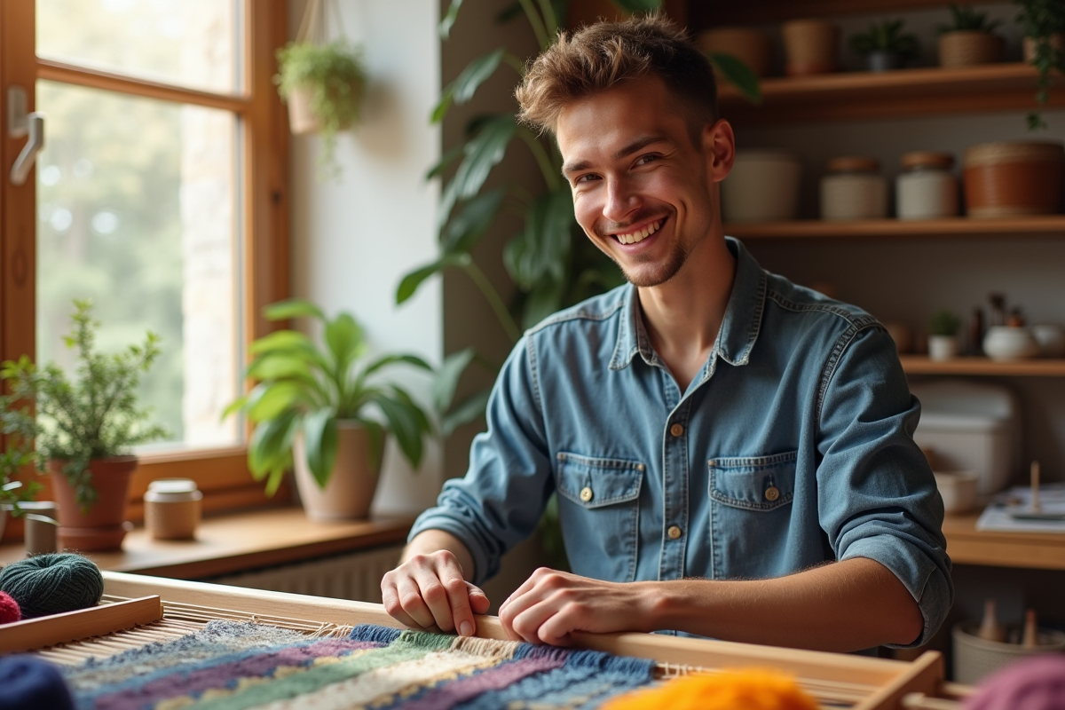Jeune homme tissant des fils colorés sur un métier à tisser