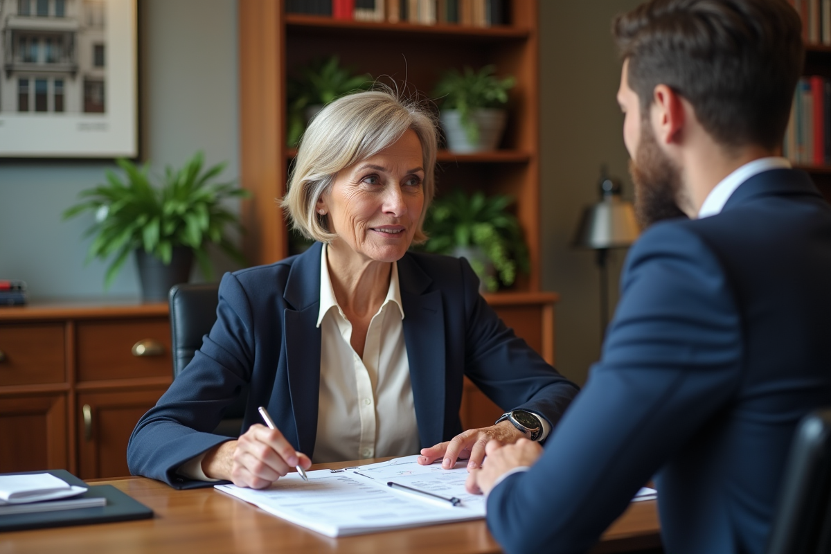 Femme experte fiscale expliquant des documents à un jeune homme