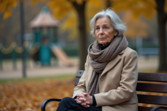 Femme contemplative assise sur un banc en automne