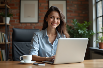 Jeune femme souriante travaillant à son bureau à domicile