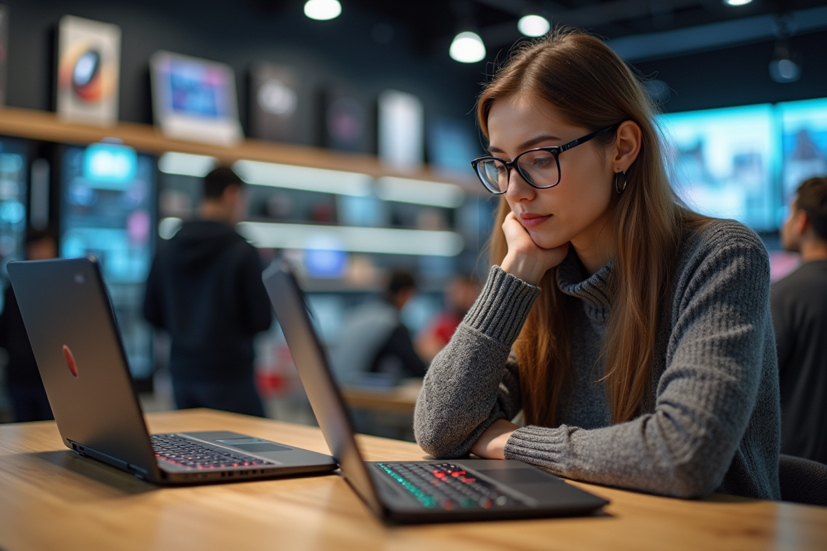 Femme évaluant deux laptops gaming dans un magasin d