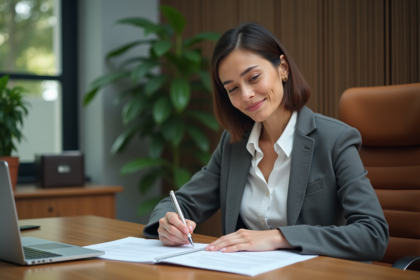 Femme confiante en bureau examinant un portefeuille immobilier