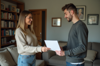 Femme d'âge moyen remettant une lettre à un jeune homme dans un salon