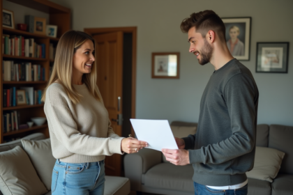 Femme d'âge moyen remettant une lettre à un jeune homme dans un salon