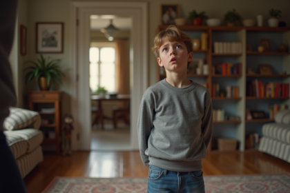 Garçon inquiet de 10 ans dans un salon familial