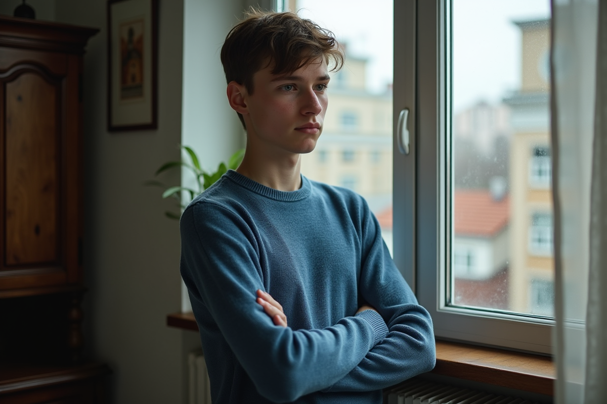 Jeune homme pensif dans un appartement en intérieur