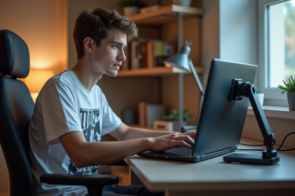 Jeune homme utilisant un ordinateur gaming moderne dans sa chambre