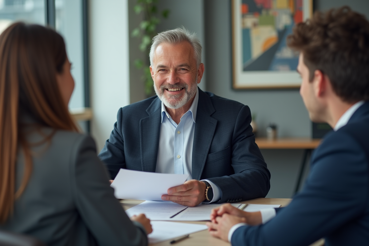 Conseiller financier souriant présentant un dossier de financement