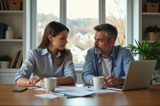 Couple en train de lire des documents de prêt immobilier