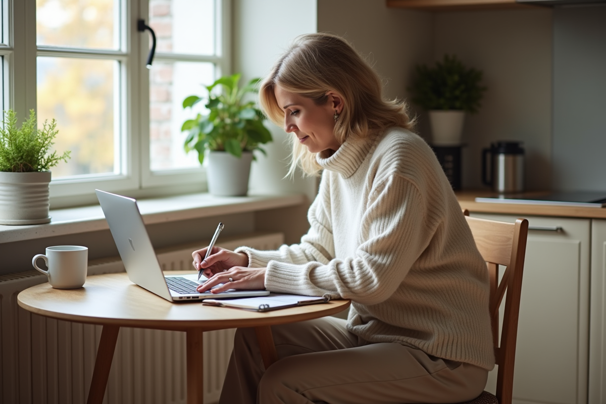 Femme détendue utilisant un ordinateur dans sa cuisine