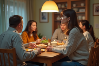 Femme assise seule à la table familiale en réflexion