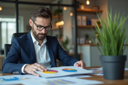 Homme d'affaires en costume regardant des documents financiers