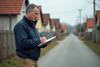 Agent municipal en extérieur vérifiant un quartier résidentiel