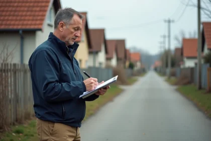 Agent municipal en extérieur vérifiant un quartier résidentiel