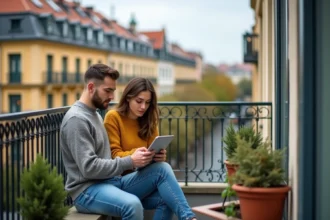 Jeune couple regardant des annonces immobilières sur un balcon urbain