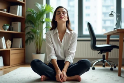 Femme détendue dans un bureau moderne avec vue urbaine
