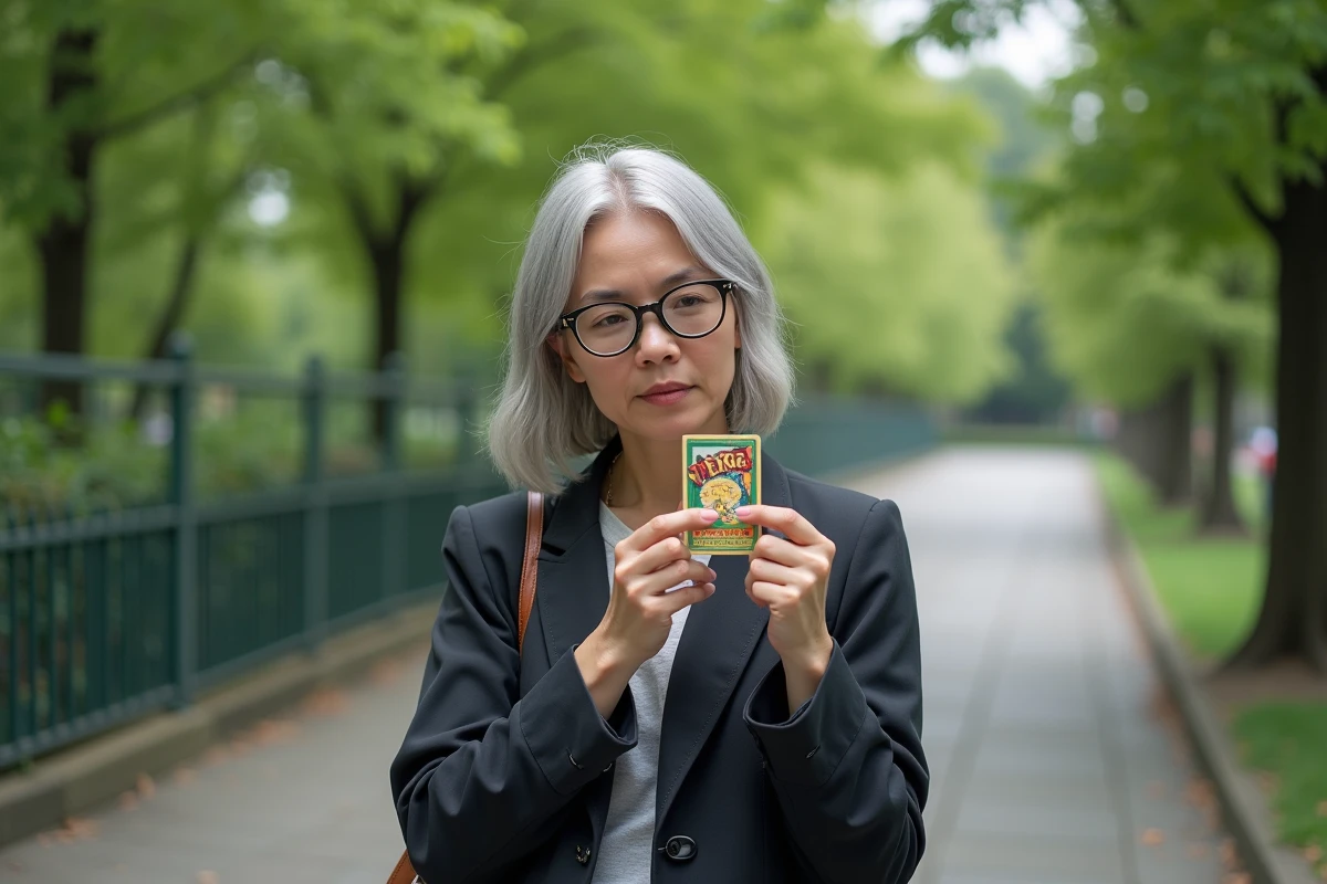 Femme regardant une carte One Piece dans un parc urbain
