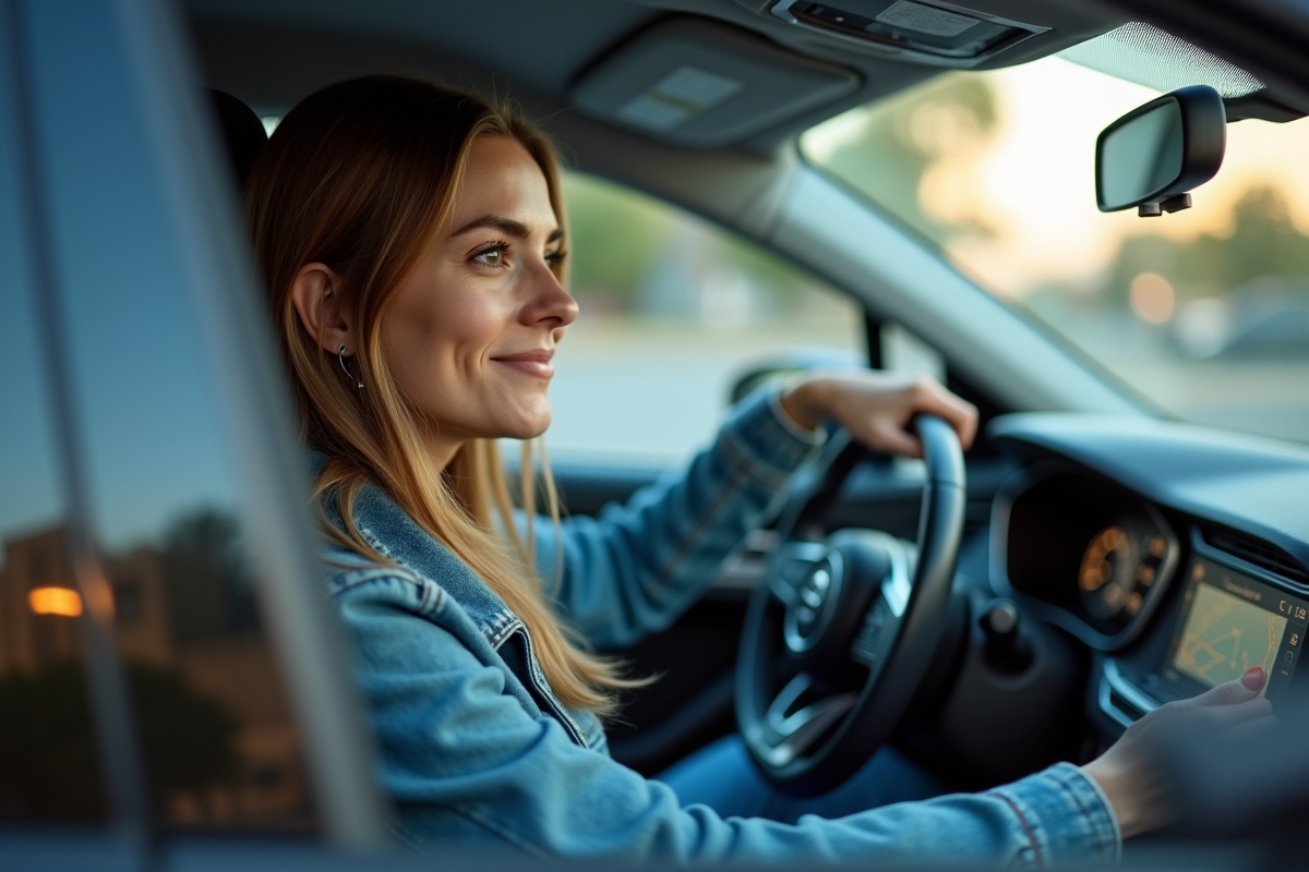 Femme dans la voiture hybride regardant par la fenêtre