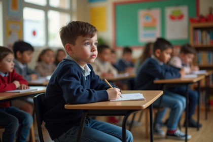 Garçon de 7 ans distrait en classe avec carnet
