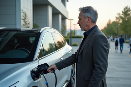 Homme inspectant une voiture à hydrogène dans une station moderne