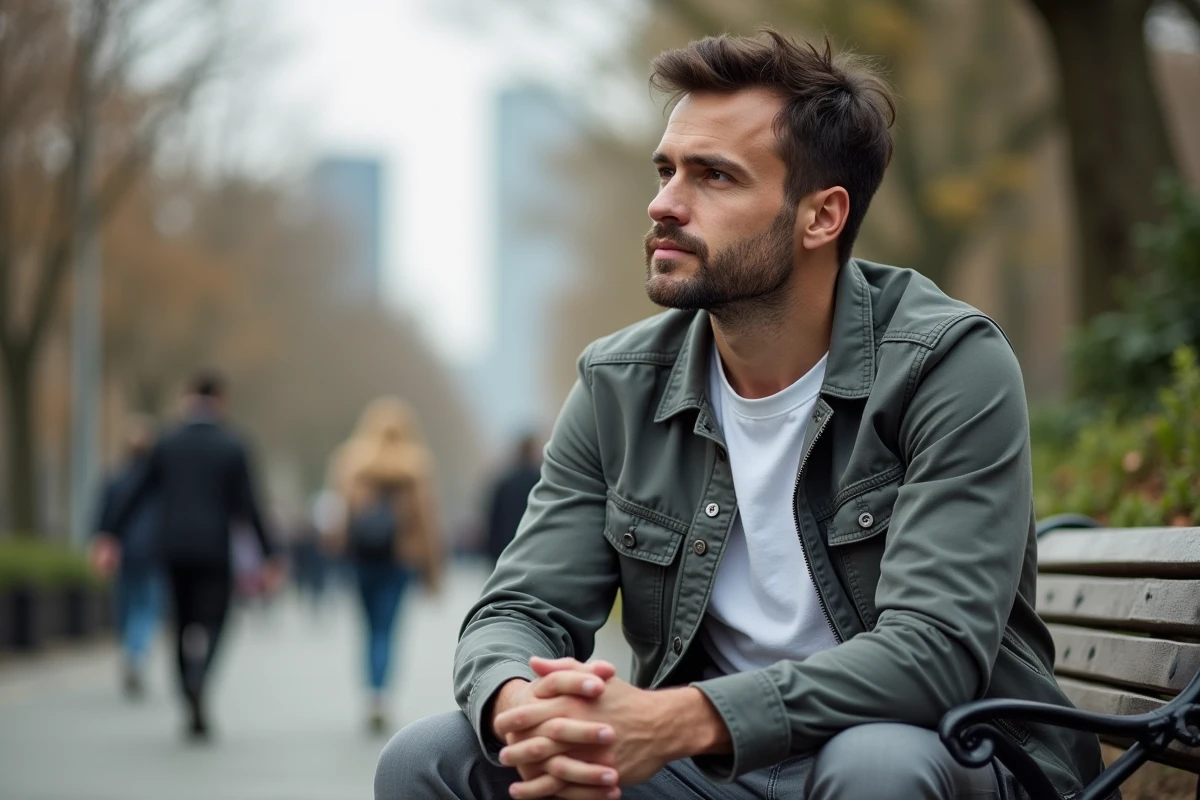 Jeune homme assis sur un banc de parc en réflexion