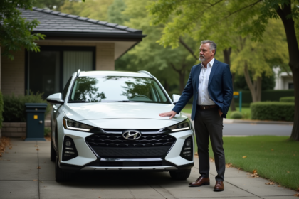 Homme d'âge moyen près d'une voiture hybride en banlieue