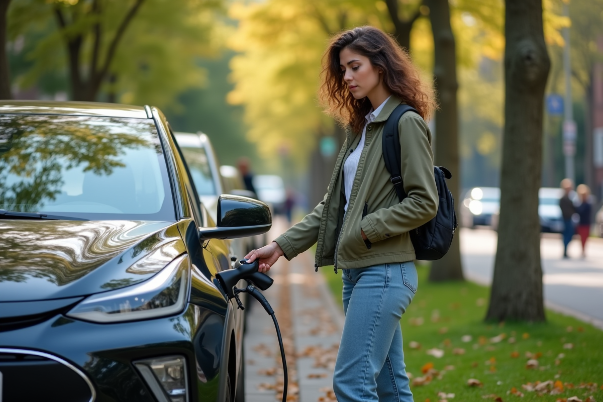 Jeune femme débranchant une voiture électrique dans un parc urbain