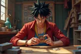 Jeune homme concentré analysant une carte One Piece
