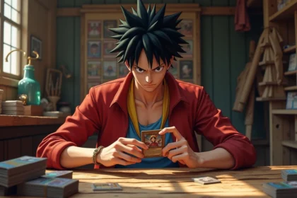 Jeune homme concentré analysant une carte One Piece