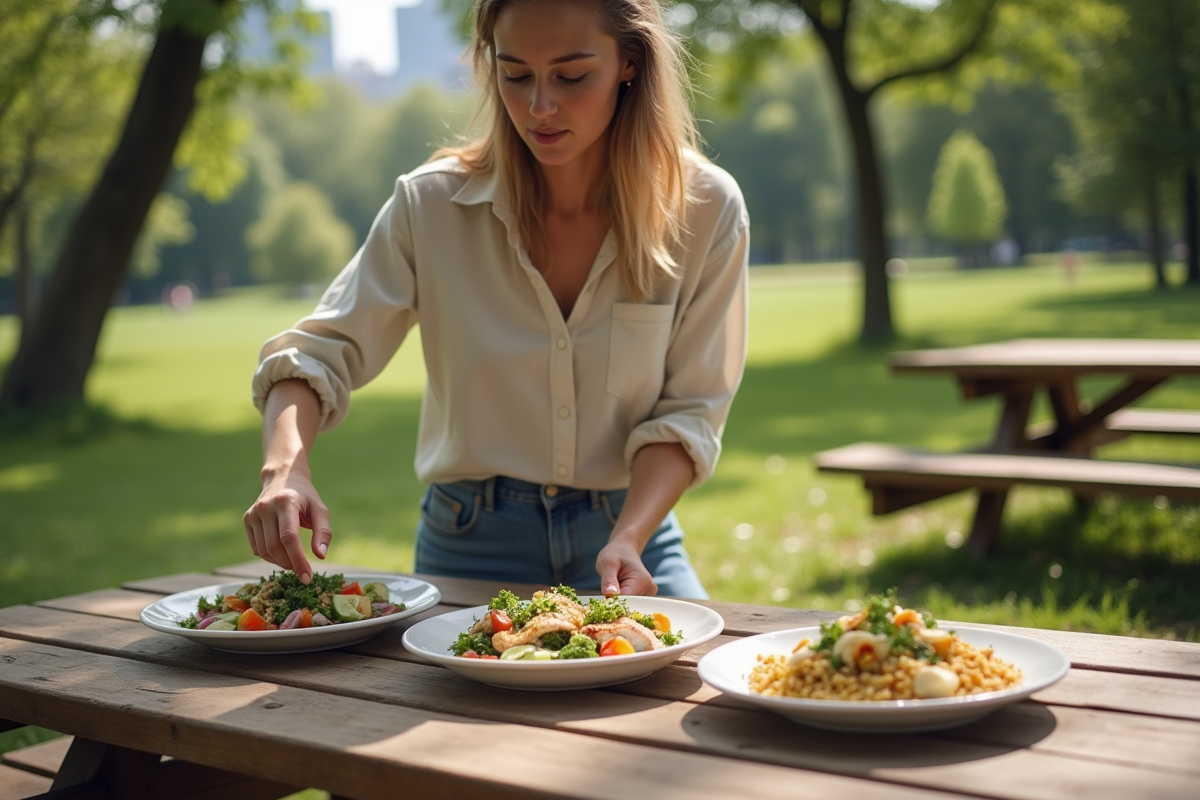 Jeune femme préparant un pique-nique avec salades et poisson