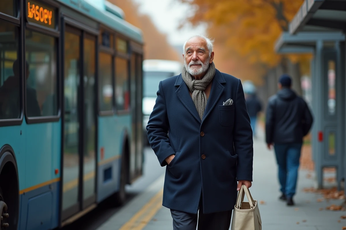 Homme âgé sortant du bus avec sac en tissu