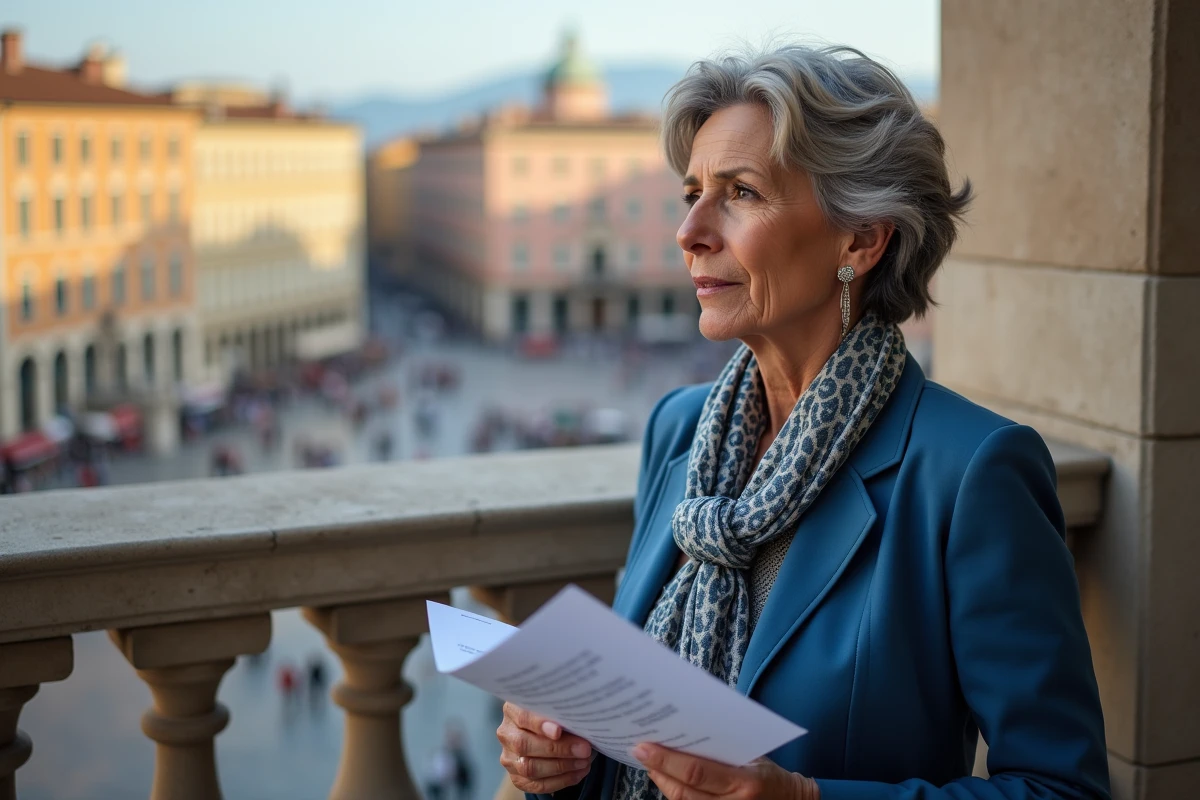Chanteuse italienne élégante sur balcon avec vue sur la ville