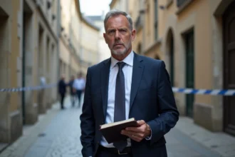 Homme enquêteur en costume navy à Caen avec carnet