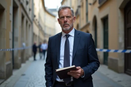 Homme enquêteur en costume navy à Caen avec carnet