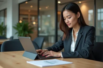 Jeune femme professionnelle utilisant une tablette convertible au bureau