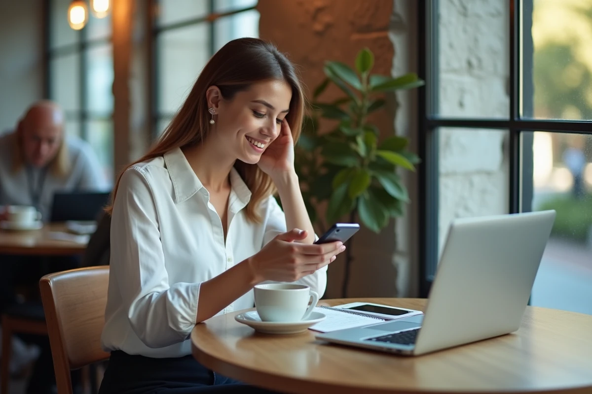Femme utilisant son smartphone dans un café moderne