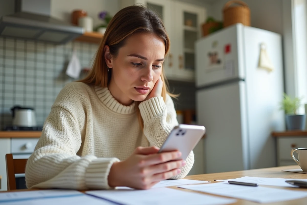 Femme dans la cuisine examinant des papiers et son smartphone