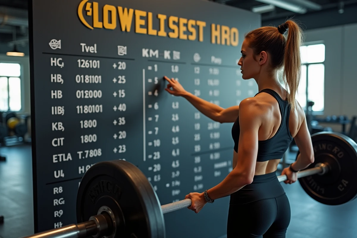 Femme discutant près d un tableau de conversion de poids au gym