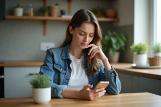 Femme en denim utilisant son smartphone dans la cuisine