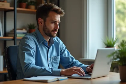 Homme concentré sur son ordinateur dans un bureau à domicile