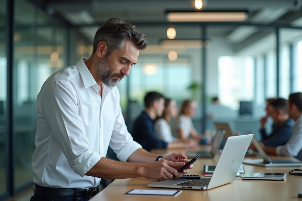 Homme configurant plusieurs appareils dans un espace de travail