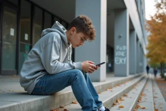 Adolescent seul sur les marches d'une école moderne