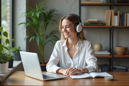 Jeune femme italienne souriante au bureau avec casque audio