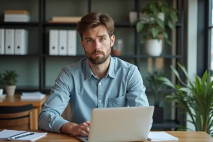 Jeune homme au bureau travaillant sur son ordinateur
