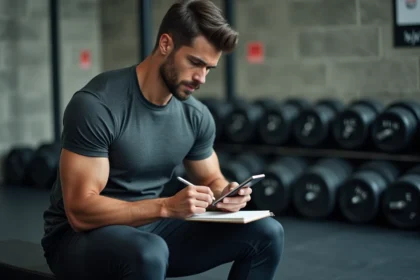 Jeune homme athlétique écrivant dans un carnet de training au gym