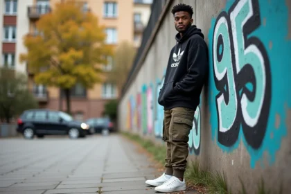 Jeune rappeur noir devant street art dans un espace urbain
