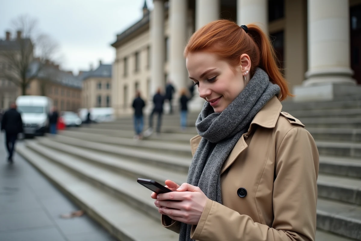 Jeune journaliste devant le tribunal de Caen en reportage