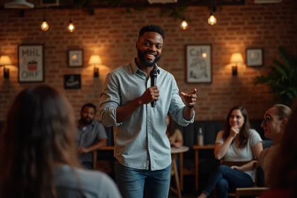 Jeune comédien noir sur scène dans un café convivial