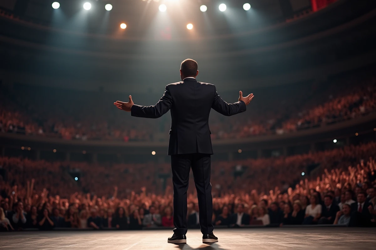 Comédien noir en costume sur scène dans une grande salle